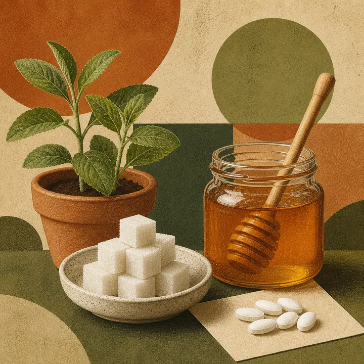 Îndulcitori Stevia, cuburi de zahăr, miere și comprimate