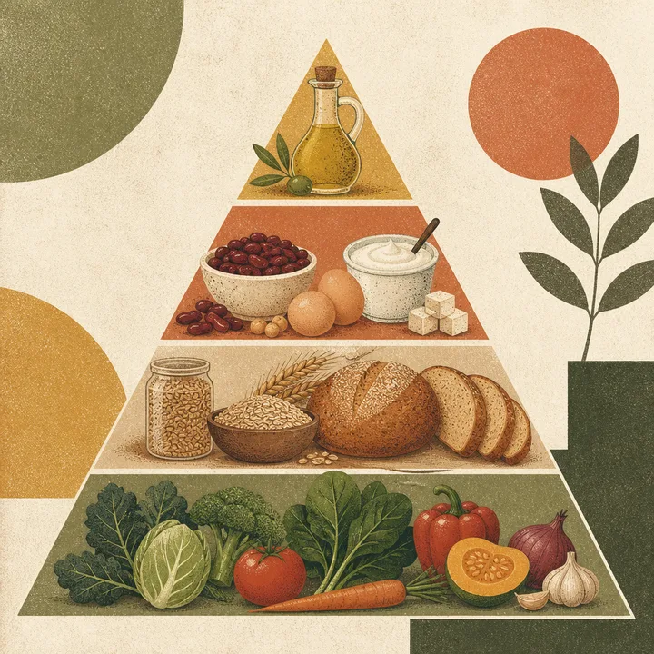 Piramidă alimentară ilustrată pe straturi de alimente