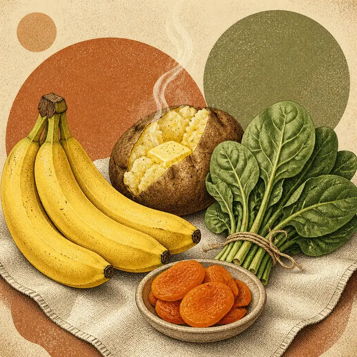 Banane, cartof, spanac și caise uscate