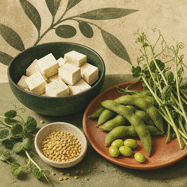 Tofu, edamame și semințe în boluri