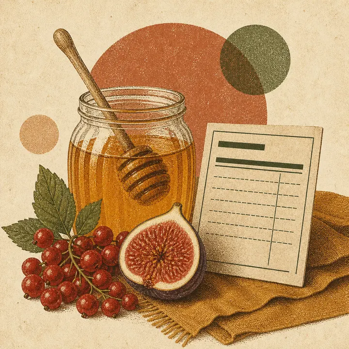 Borcan de miere, fructe și un card de etichetă