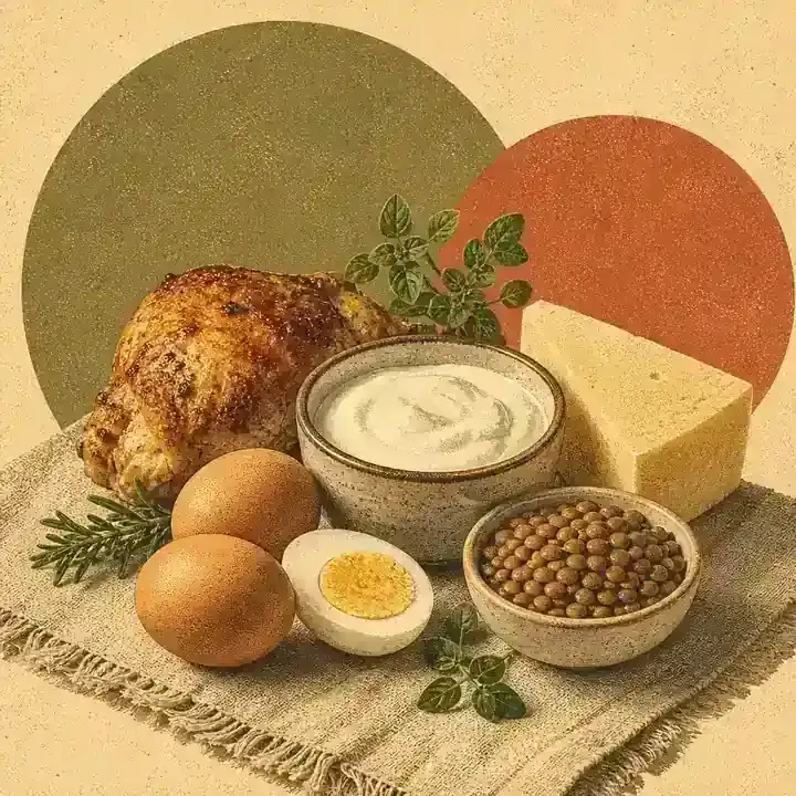 Piept de pui, ouă, iaurt, brânză și linte pe o pânză, ilustrație editorială