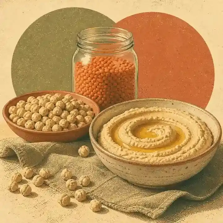 Năut uscat, linte roșie și un bol de hummus pe pânză de in
