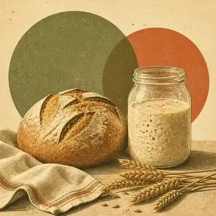 Pâine rustică lângă un borcan cu maia fermentată