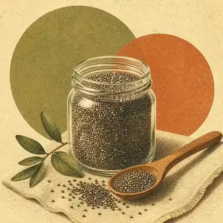 Borcan de sticlă cu semințe de chia și lingură de lemn