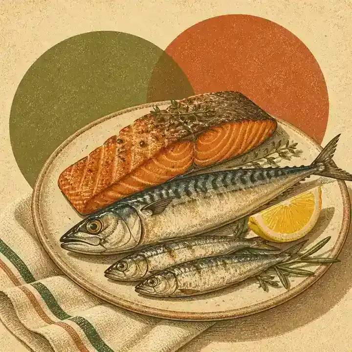 File de somon, macrou și sardine pe un platou de ceramică