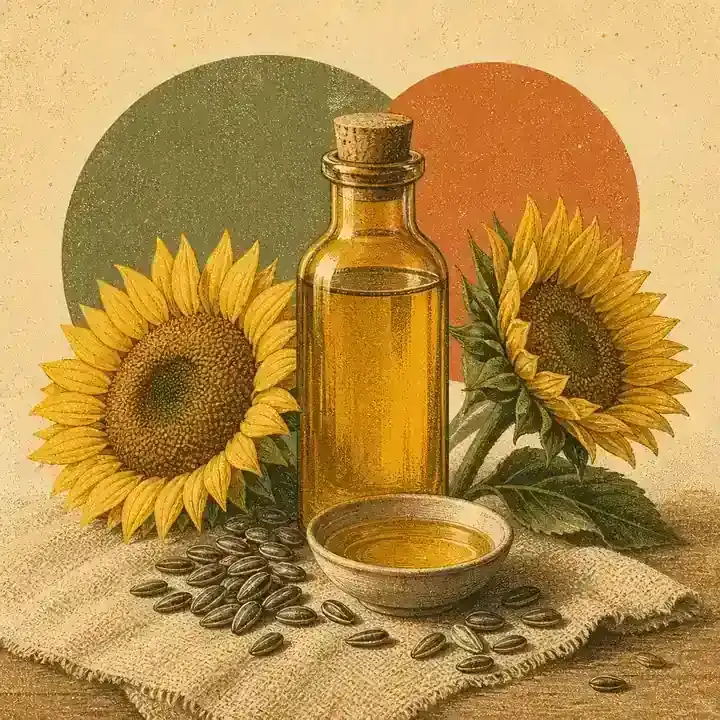 Sticlă generică de ulei auriu lângă capete de floarea-soarelui